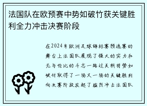 法国队在欧预赛中势如破竹获关键胜利全力冲击决赛阶段 法国队在欧预赛中势如破竹获关键胜利全力冲击决赛阶段